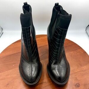 Charles David Grady‎ Black Leather Platform Ankle Boots Croc Embossed Womens 7